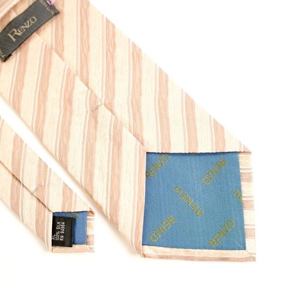 Renzo Tan Woven Long Striped Wide Silk Tie - Picture 5 of 6